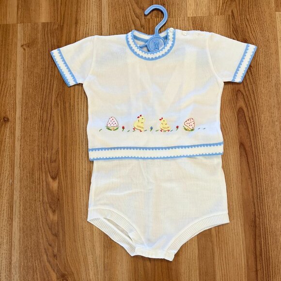 Vintage Retro Baby Soft Knit 2-Piece Embroider Romper Set Sz 12Months - Picture 1 of 10